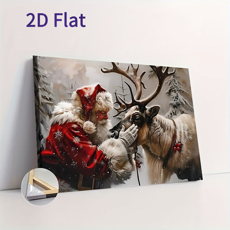 Santa Claus Petting Reindeer Framed Canvas Wall Art, Festive Pine Tree Scene 12x18in Solid Wood Frame – Bohemian Style Christmas & Holiday Home Decor for Living Room, Bedroom & Home Office