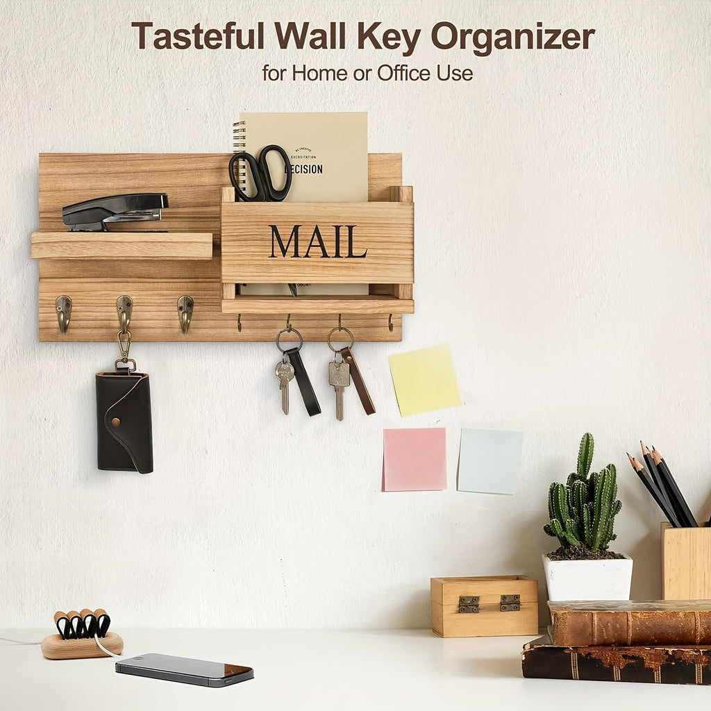 Solid Wood Wall-Mounted Storage Rack with Mailbox Slot, Door Handle & Decorative Hooks – Multifunctional Entryway Organizer for Keys, Hats & Books, Space-Saving Wall Shelf for Bedroom, Bathroom & Living Room