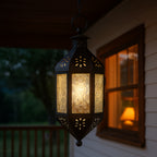 Moroccan Hanging Candle Lantern with Chain – Vintage Boho Style Iron & Glass Tealight Holder for Home, Patio, Garden, Wedding & Ramadan Decor (23.5" Overall)