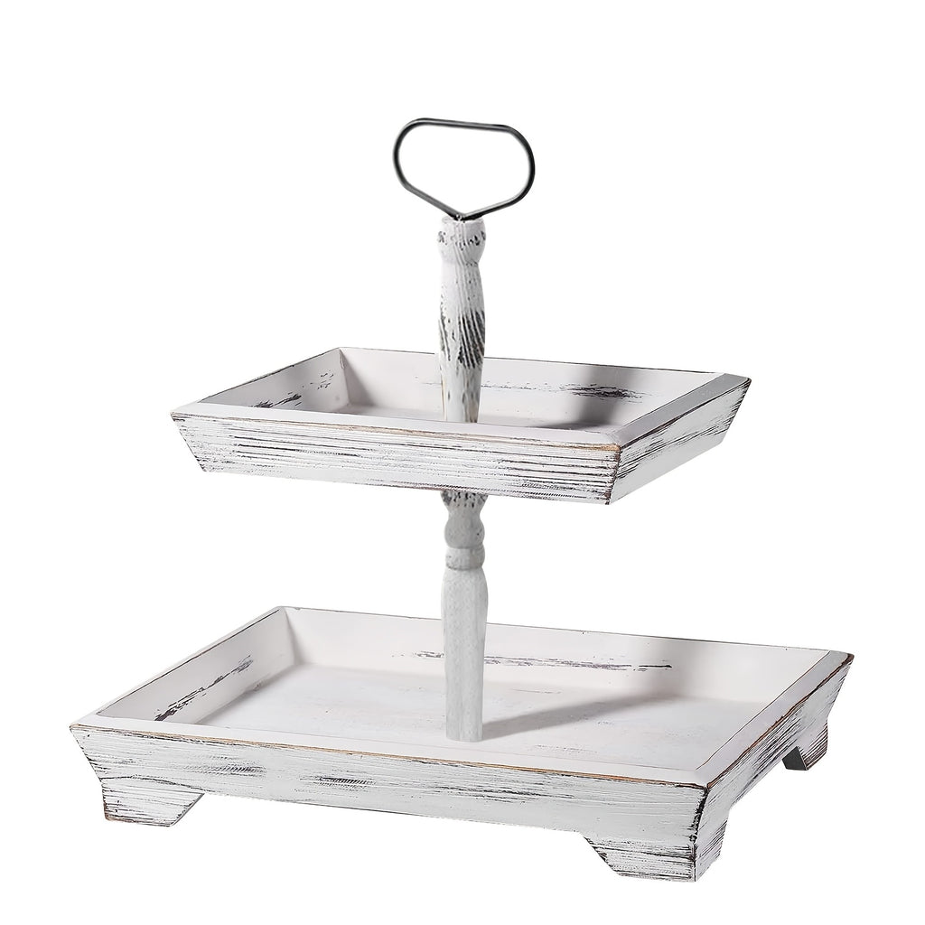 2-Tier Rustic Farmhouse Wooden Tray with Metal Handle Handmade Decorative Serving Tray Distressed Finish for Home Decor Kitchen Dining Halloween Christmas