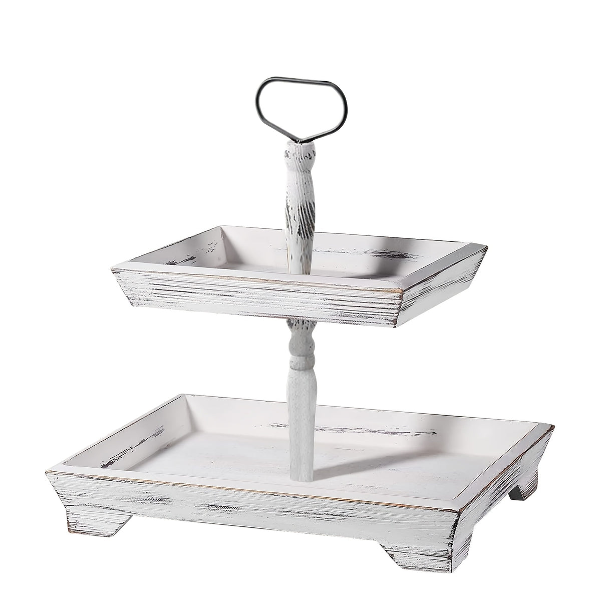 2-Tier Rustic Farmhouse Wooden Tray with Metal Handle Handmade Decorative Serving Tray Distressed Finish for Home Decor Kitchen Dining Halloween Christmas