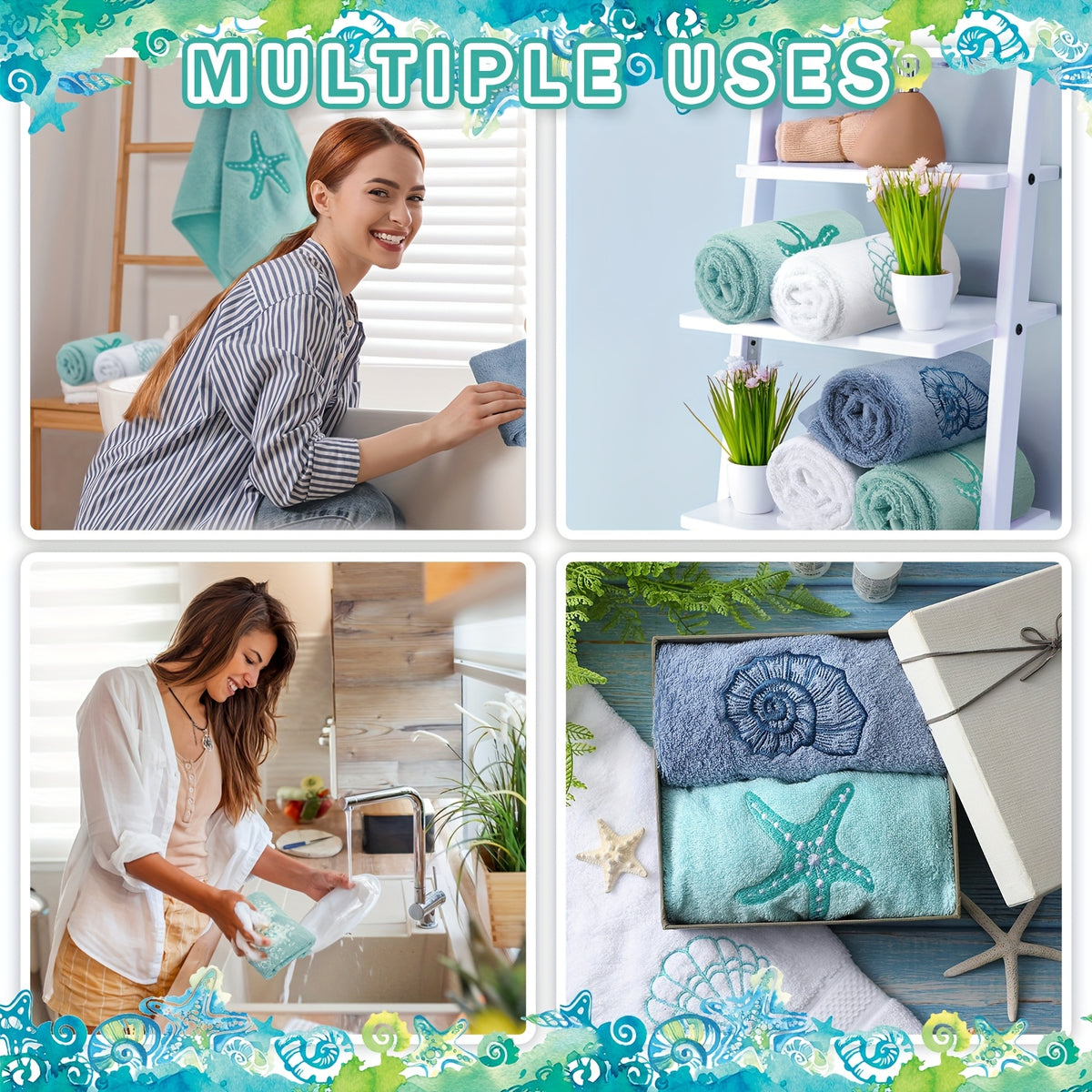 Coastal Hand Towels 3 Pack 100% Cotton - Embroidered Ocean Bathroom Towels 13.78x29.53 Inch, Soft Absorbent Classic Beach Hand Towel Set for Bathroom, Kitchen & Guest Room