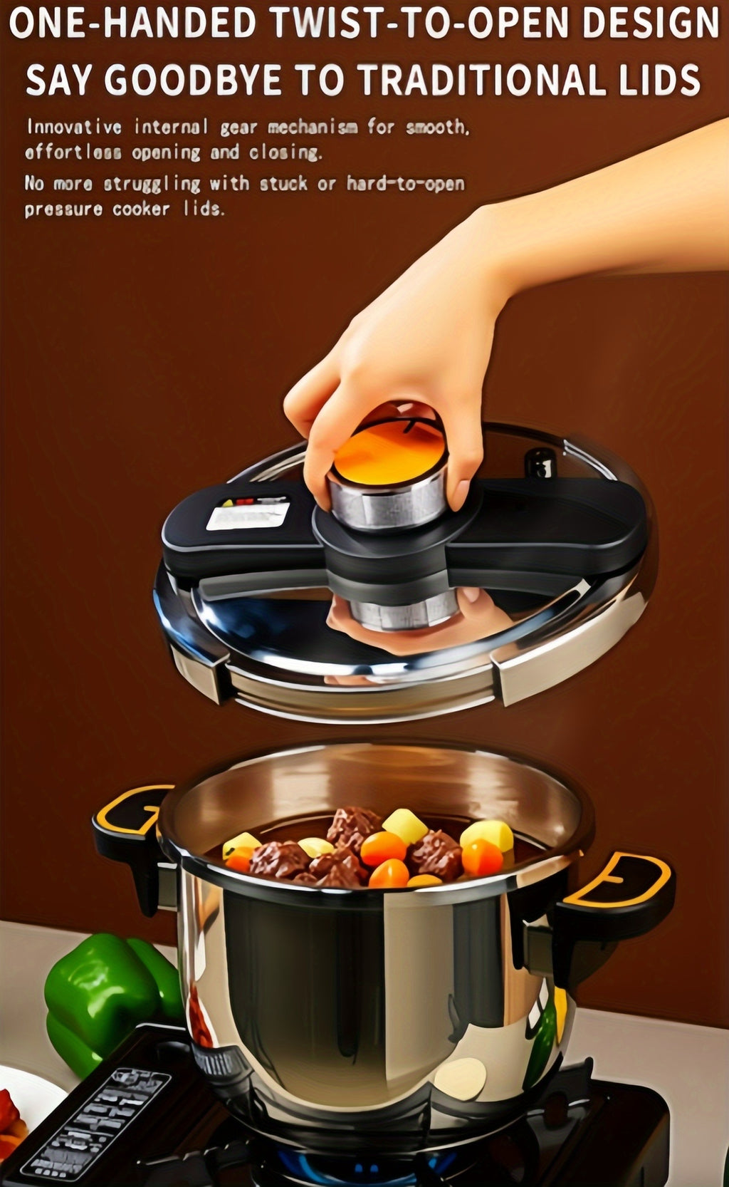 Stainless Steel Pressure Cooker & Stew Pot with One-Twist Lock Lid – 1.32, 1.59 & 2.11 Gal Sizes, Induction & Gas Compatible, Dishwasher Safe for Family Meals