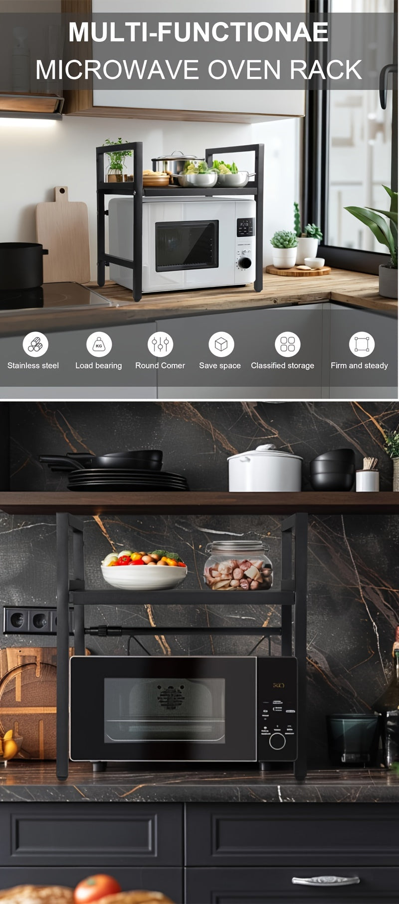 Microwave Oven Rack Expandable Countertop Shelf – Heavy Duty Carbon Steel Stand with 6 Hooks, Adjustable Height & Width, Dust Cover Included