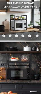 Microwave Oven Rack Expandable Countertop Shelf – Heavy Duty Carbon Steel Stand with 6 Hooks, Adjustable Height & Width, Dust Cover Included