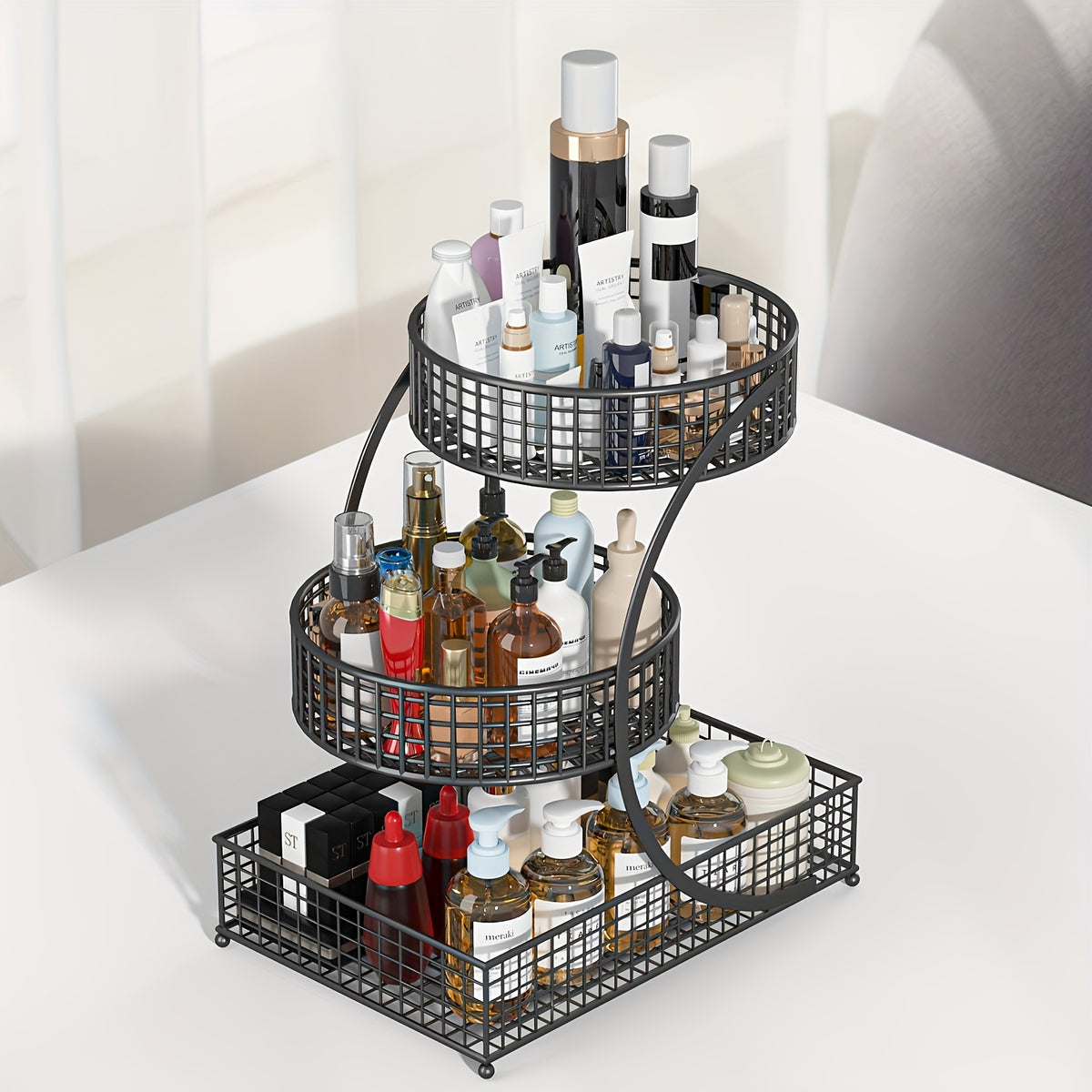 3-Tier Metal Makeup & Cosmetic Storage Rack, No-Install Countertop Organizer for Vanity, Dressing Table & Bathroom — Modern Tabletop Display Shelf, White & Dark