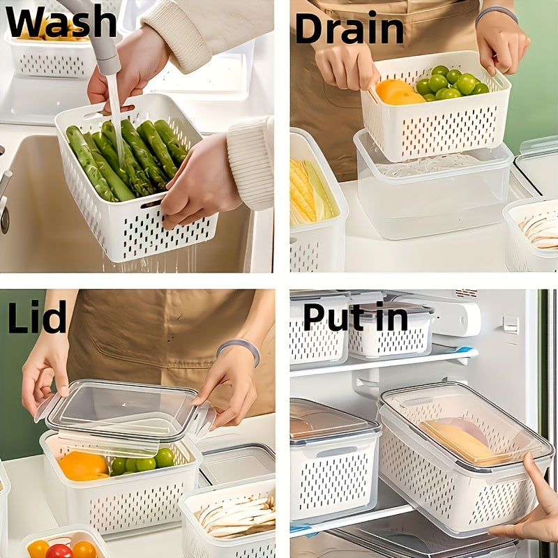 Plastic Food Storage Containers with Drain Baskets & Lids – Leak-Proof Freezer-Safe Reusable Kitchen Boxes for Fruits & Food (6-Piece or 9-Piece Set)