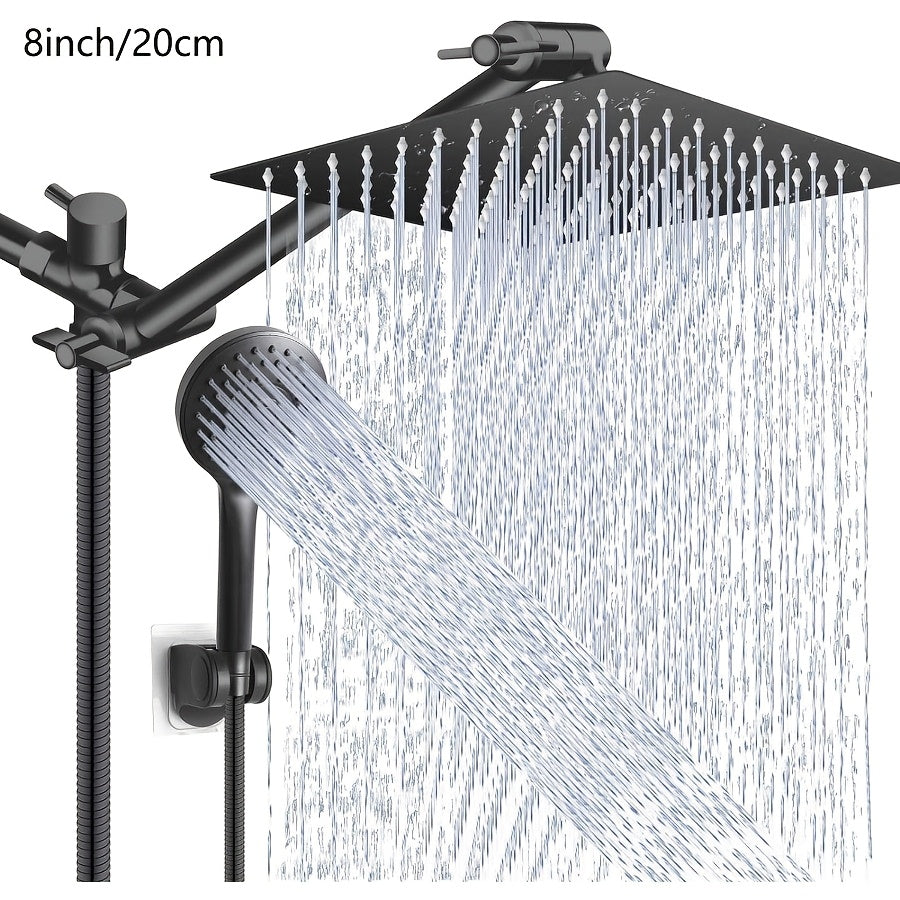 3-Way Rain Shower Head System Dual Heads with Handheld Spray High Pressure Extension Arm 8 10 12 Inch Black Chrome