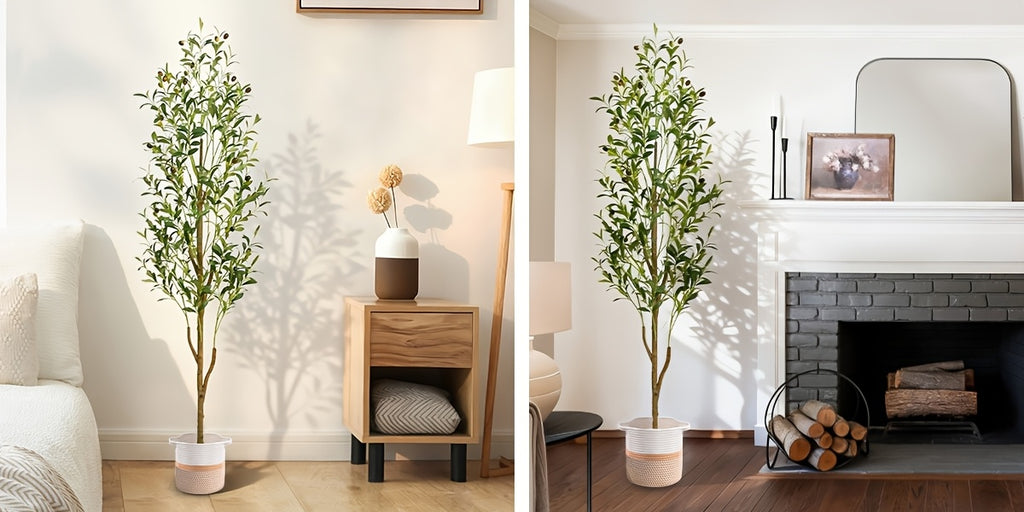 Artificial Olive Tree with Basket, Planter & Moss 5ft 6ft 7ft – Tall Indoor Fake Olive Plant with Realistic Wood Trunk, Lifelike Branches & Fruits for Office, Living Room & Spring Summer Home Decor