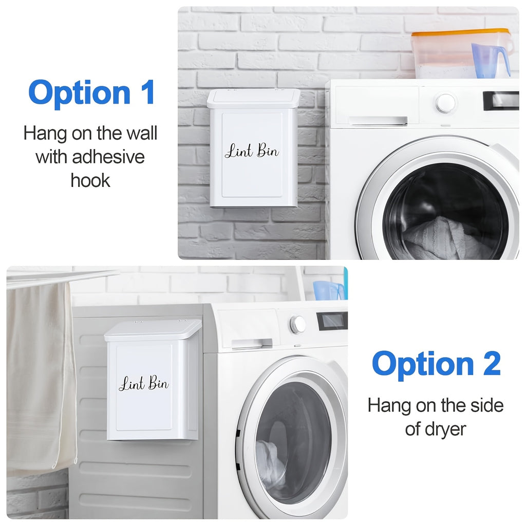 Magnetic Lint Bin for Laundry Room – Wall Mount Metal Dryer Lint Holder Trash Can with Lid, Laundry Organization, White