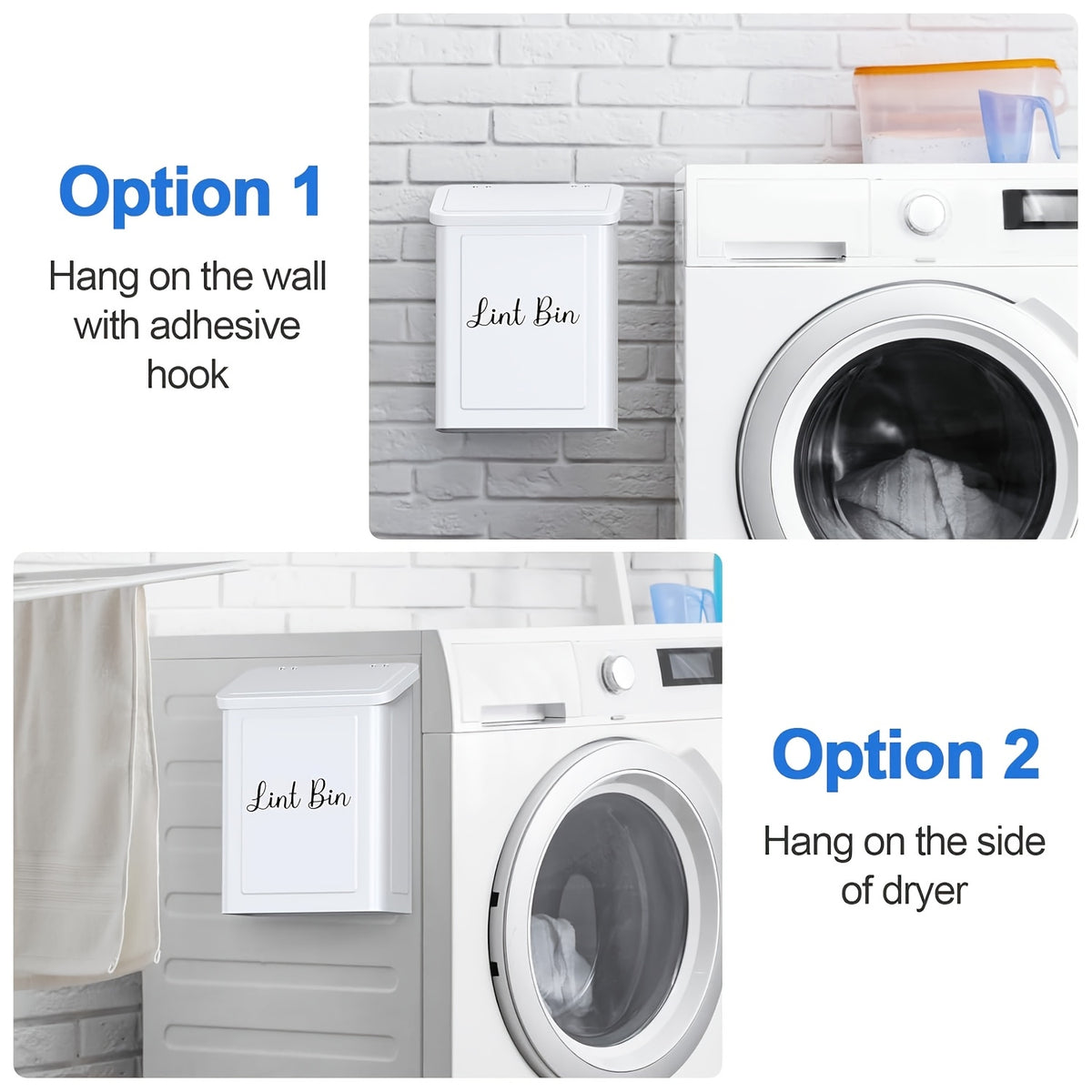 Magnetic Lint Bin for Laundry Room – Wall Mount Metal Dryer Lint Holder Trash Can with Lid, Laundry Organization, White
