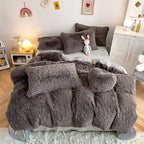 Plush Faux Fur Duvet Cover Set for Kids & Teens, 3/4 Pcs with Pillowcases & Heart Pillow, Super Soft Warm Faux Fur Comforter Cover, Machine Washable Lodge Style Bedding, Twin Queen King