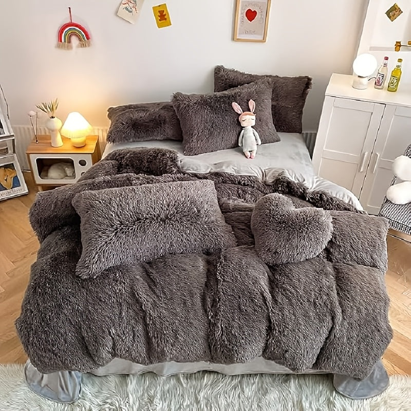Plush Faux Fur Duvet Cover Set for Kids & Teens, 3/4 Pcs with Pillowcases & Heart Pillow, Super Soft Warm Faux Fur Comforter Cover, Machine Washable Lodge Style Bedding, Twin Queen King