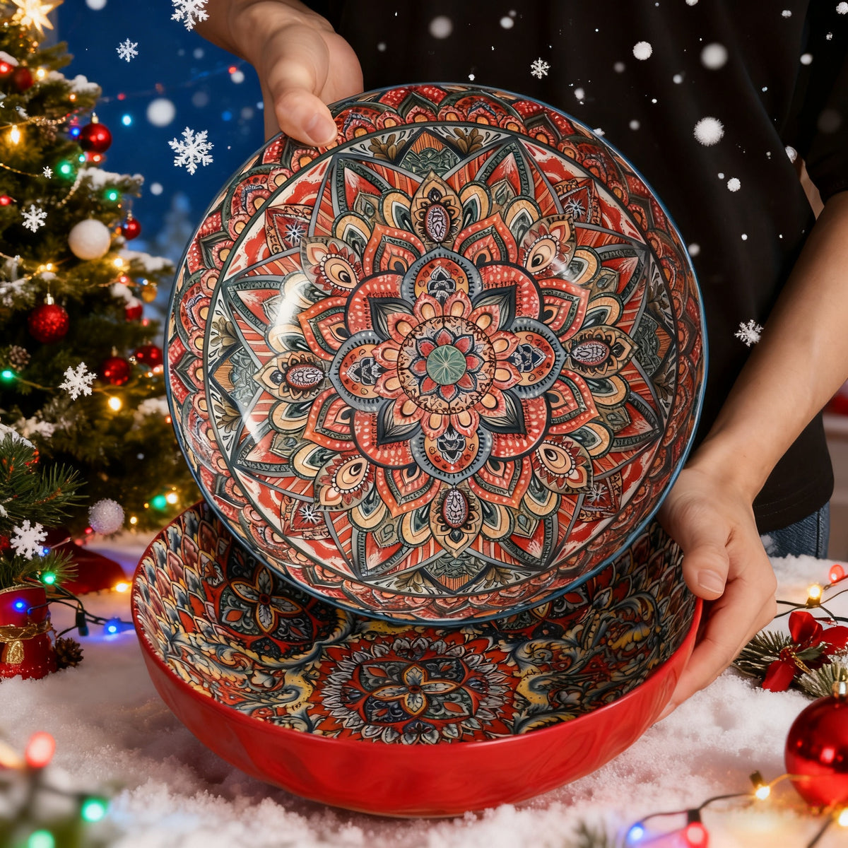 Bohemian Floral Ceramic Soup Bowl Set of 2 – Hand-Painted Vintage Tableware, Microwave Safe, 10.15in | Festive Gift