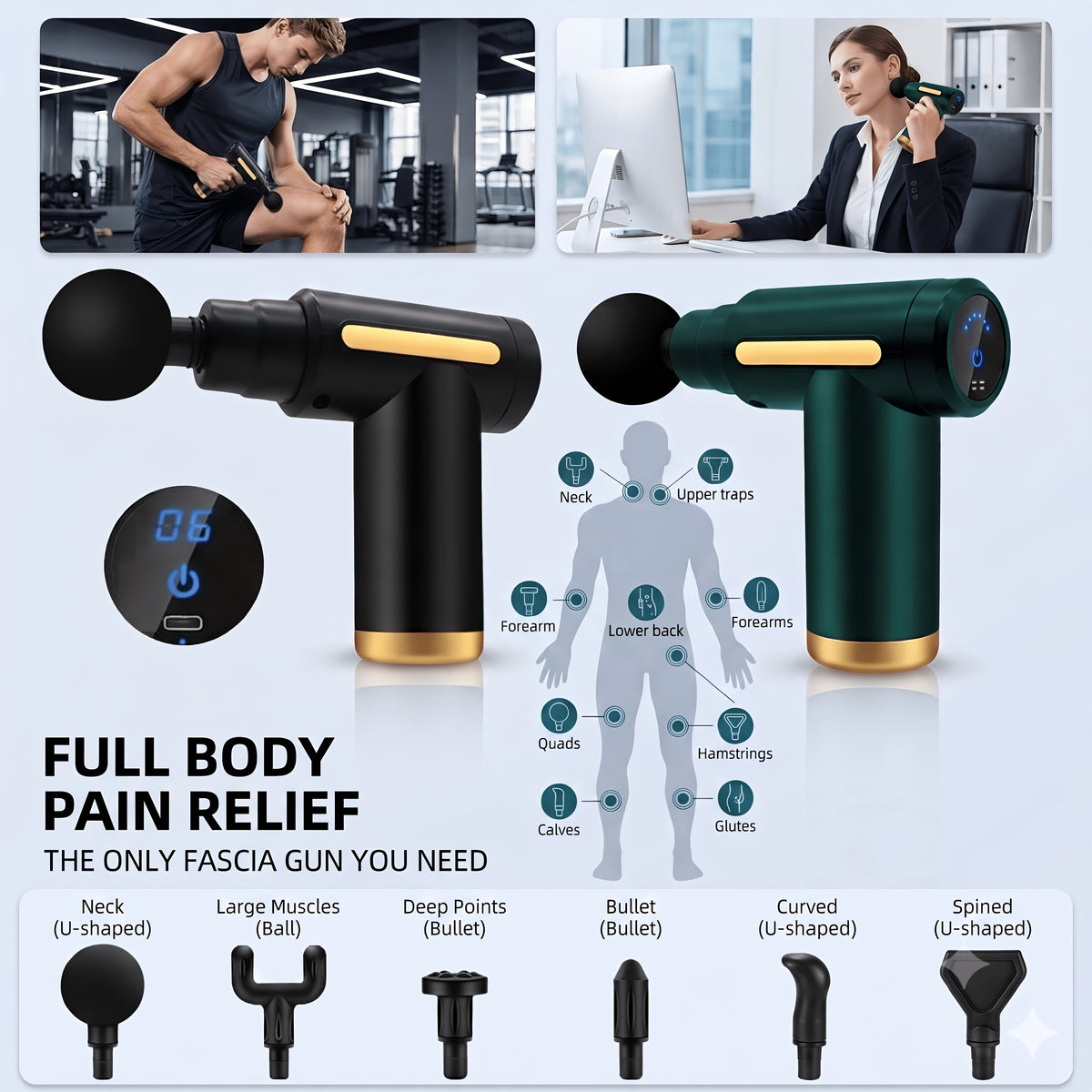 Mini Massage Gun LED Touch Screen 6 Massage Heads Ultra-Quiet Brushless Motor Portable Handheld Muscle Massager for Sports Fitness Recovery Black Gray Red