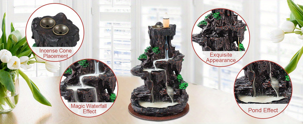 Backflow Incense Burner Waterfall Holder 2-Side Design with 120 Backflow Cones & 30 Incense Sticks - Aromatherapy Ornament for Home Decor, Meditation & Relaxation