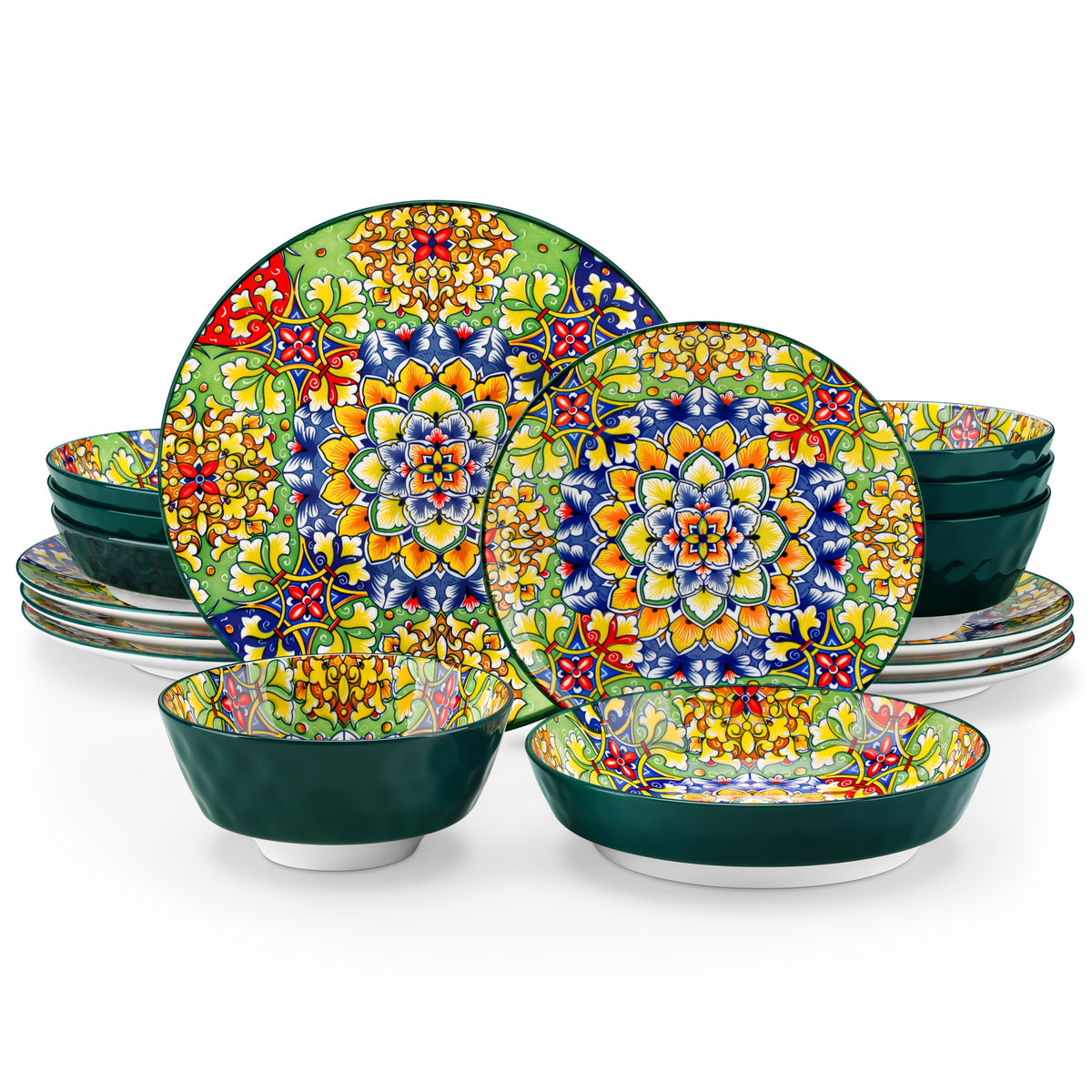 Bohemian Ceramic Dinnerware Set 16 or 24 Piece Stoneware Plates Bowls Tableware Colorful Floral Service for 4 or 6
