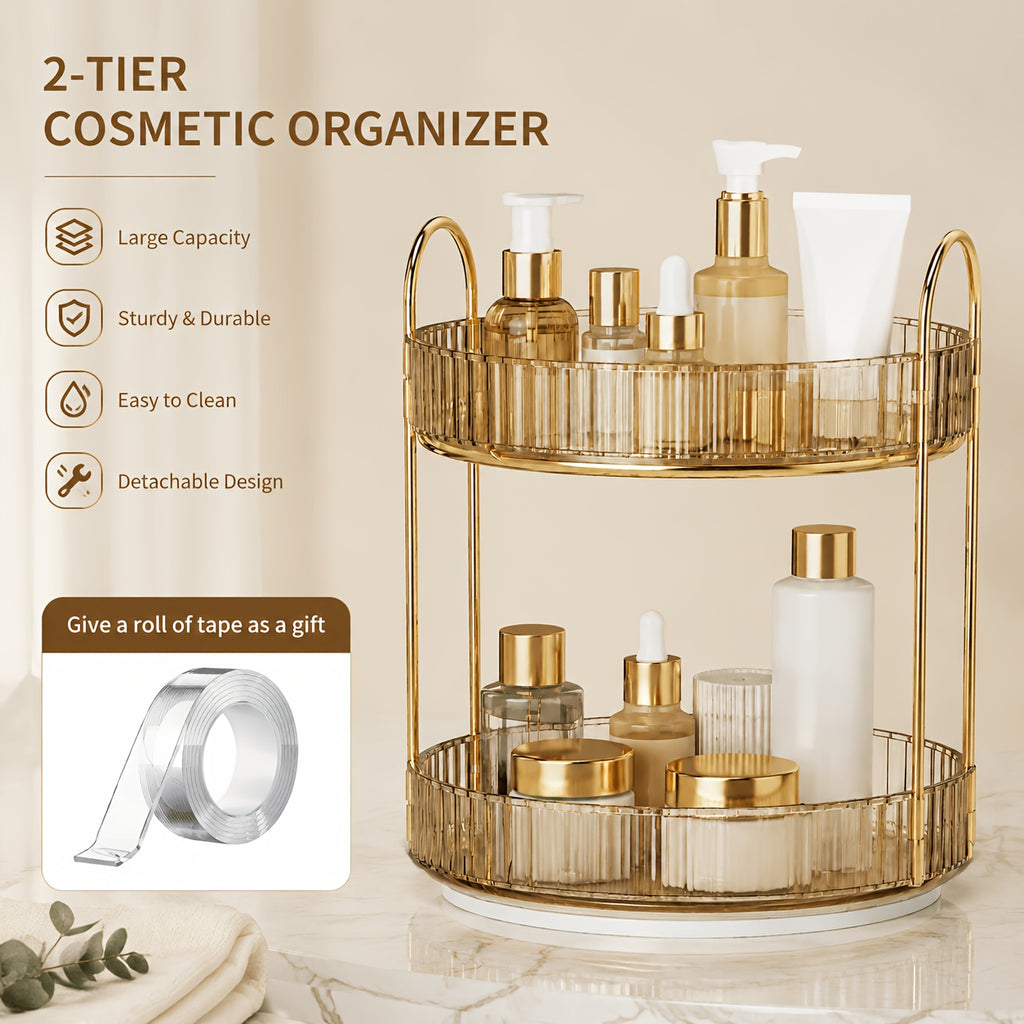 360° Rotating Makeup Organizer with 1, 2 or 3 Tiers, Gold Striped Desktop Cosmetic Storage Rack for Brushes, Lipstick & Skincare – Durable Odorless Vanity Organizer for Bathroom & Bedroom