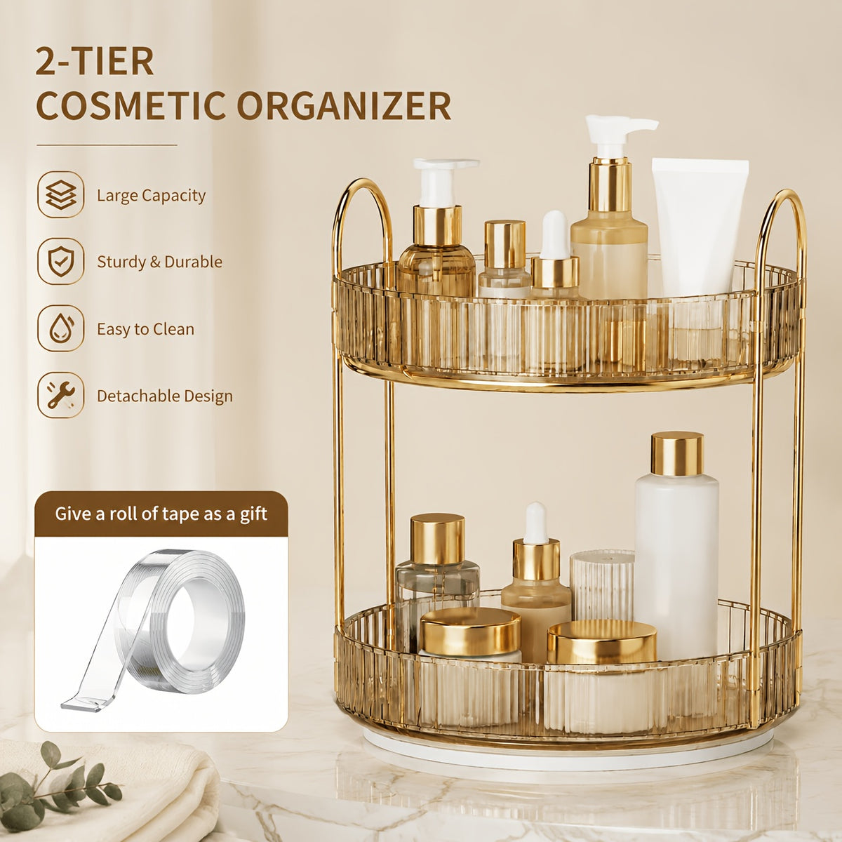 360° Rotating Makeup Organizer with 1, 2 or 3 Tiers, Gold Striped Desktop Cosmetic Storage Rack for Brushes, Lipstick & Skincare – Durable Odorless Vanity Organizer for Bathroom & Bedroom