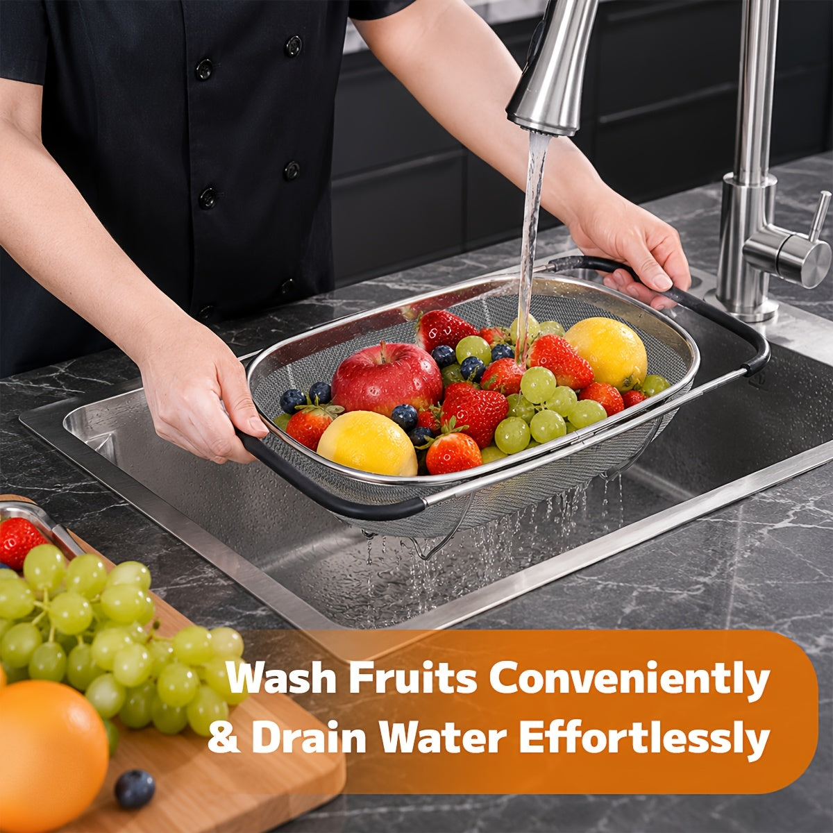 Expandable Over-the-Sink Stainless Steel Colander Strainer Basket – Fine Mesh with Rubber Grip for Draining Vegetables, Fruits & Pasta, Adjustable Sink Strainer, Small or Large