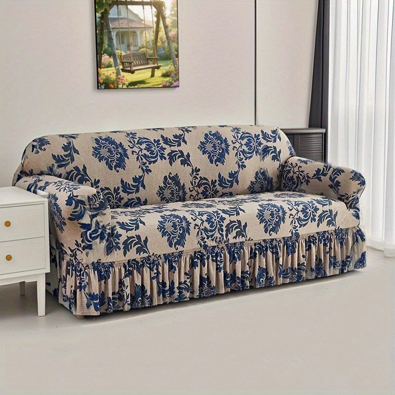 High-Stretch Print Sofa Cover with Non-Slip Fixed Rod All-Season Snug-Fit Couch Slipcover – Stable, Beautiful & Practical Furniture Protector for Living Room, Skirt Style Design