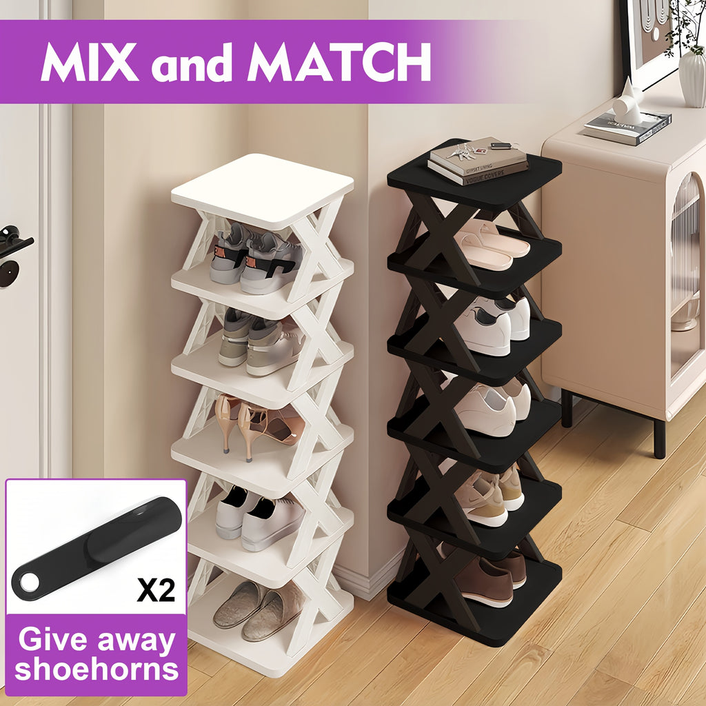 Stackable Shoe Rack Organizer 6 or 9 Tier – Plastic Vertical Shoe Shelf for Entryway, Hallway, Bedroom & Closet, Holds 6–9 Pairs, Easy Assembly, Black or White