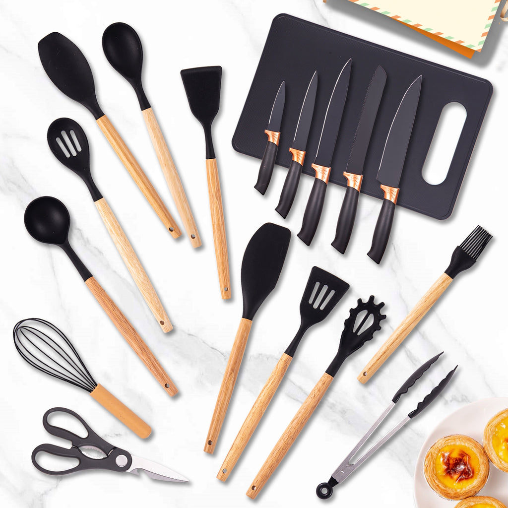 19-Piece Kitchen Knife & Utensil Set with Block – Silicone Cooking Tools, Wooden Handles, Stainless Steel Knives, Cutting Board & Scissors | All-in-One Kitchen Starter Set for Home, Dorm & Housewarming Gift