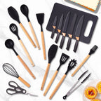 19-Piece Kitchen Knife & Utensil Set with Block – Silicone Cooking Tools, Wooden Handles, Stainless Steel Knives, Cutting Board & Scissors | All-in-One Kitchen Starter Set for Home, Dorm & Housewarming Gift