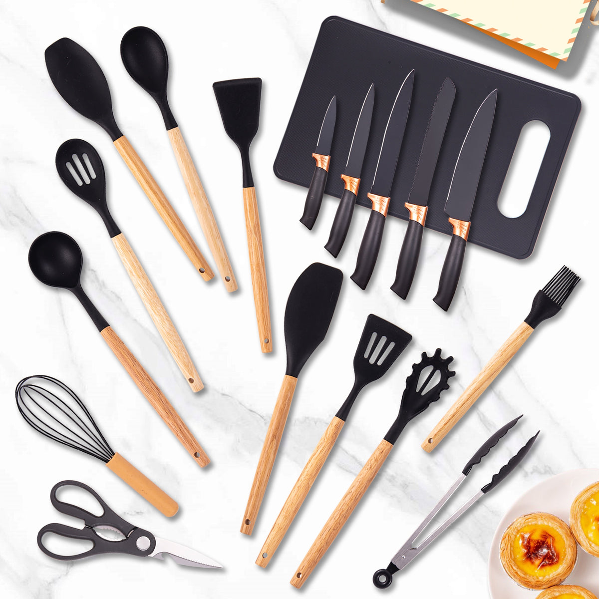 19-Piece Kitchen Knife & Utensil Set with Block – Silicone Cooking Tools, Wooden Handles, Stainless Steel Knives, Cutting Board & Scissors | All-in-One Kitchen Starter Set for Home, Dorm & Housewarming Gift