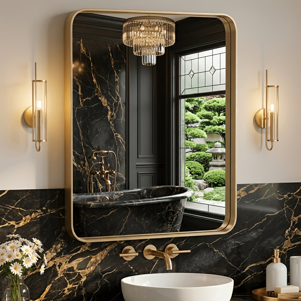 Metal Framed Rounded Rectangle Wall Mirror for Bathroom – Over Sink, Horizontal or Vertical Hanging, Modern Farmhouse Decor, Matte Black, Gold & Silver, Multiple Sizes 16x20 to 36x48 In