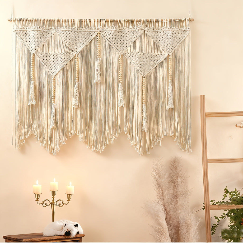 Bohemian Macrame Tapestry Wall Hanging – Large Vertical Handwoven Cotton Boho Wall Decor for Bedroom, Living Room, Wedding Backdrop & Hallway, Cream White Woven Wall Art