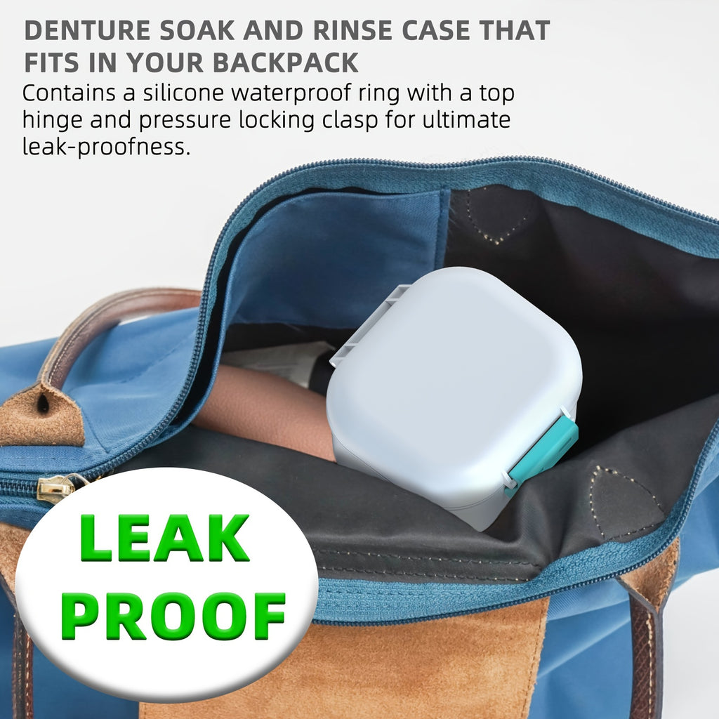 Denture Bath Case with Drainage Basket - Leak Proof Portable Travel Denture Soaking Cup Storage Container Silicone Ring Safety Buckle