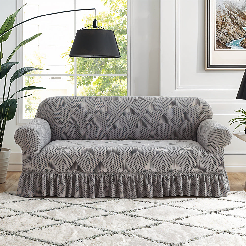 Ruffle Skirt Jacquard Fleece Sofa Cover High Stretch Slipcover Universal Elastic Washable Furniture Protector 1 2 3 4 Seater Living Room Bedroom Office RV