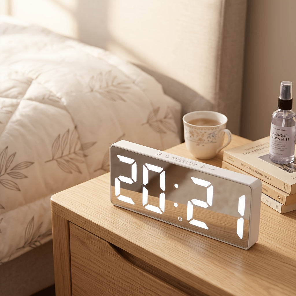 Contemporary LED Desk Clock with Temperature Display, Brightness Adjustment, Night Mode & Snooze – 12/24 Hour Digital Alarm Clock for Bedroom, Office & Nightstand