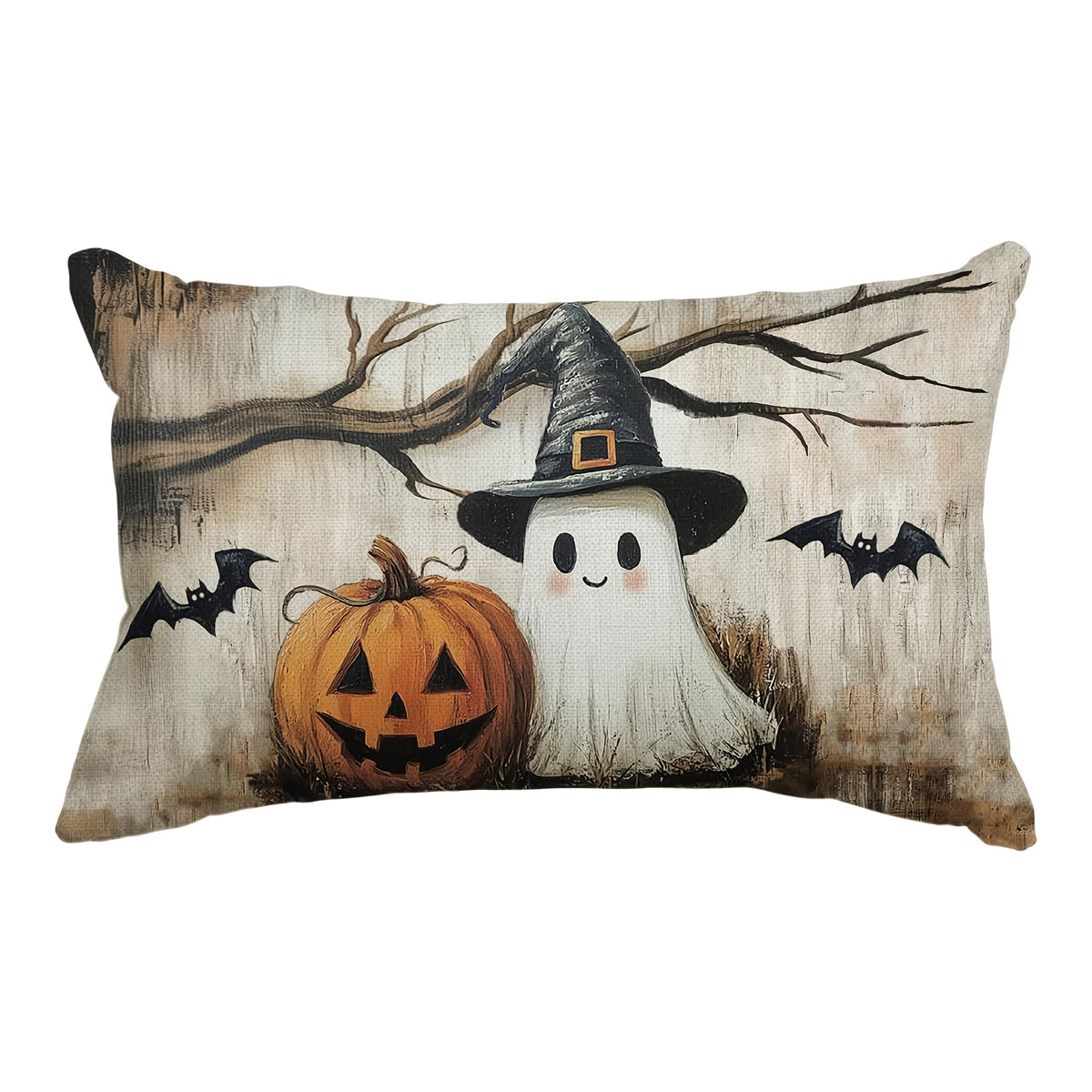 Halloween Ghost Pumpkin Lumbar Throw Pillow Cover 12x20 Inch – Farmhouse Spooky Bat Dead Tree Cushion Case, Single Sided Print, Sofa Couch Halloween Decor, 1pc