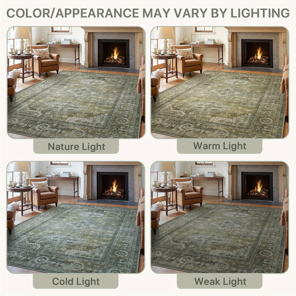 Sage Green Runner Rug Machine Washable Non-Slip - Boho Vintage Distressed Low Pile Flat Rug for Hallway Kitchen Entryway, Ultra-Thin Under-Door Fit, 11 Sizes