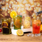 Retro Colored Whiskey Glasses Set of 6 – 14oz Embossed Colorful Tumblers for Whiskey, Cocktails, Juice, Water & Beer – Vintage Muted Glass Drinkware
