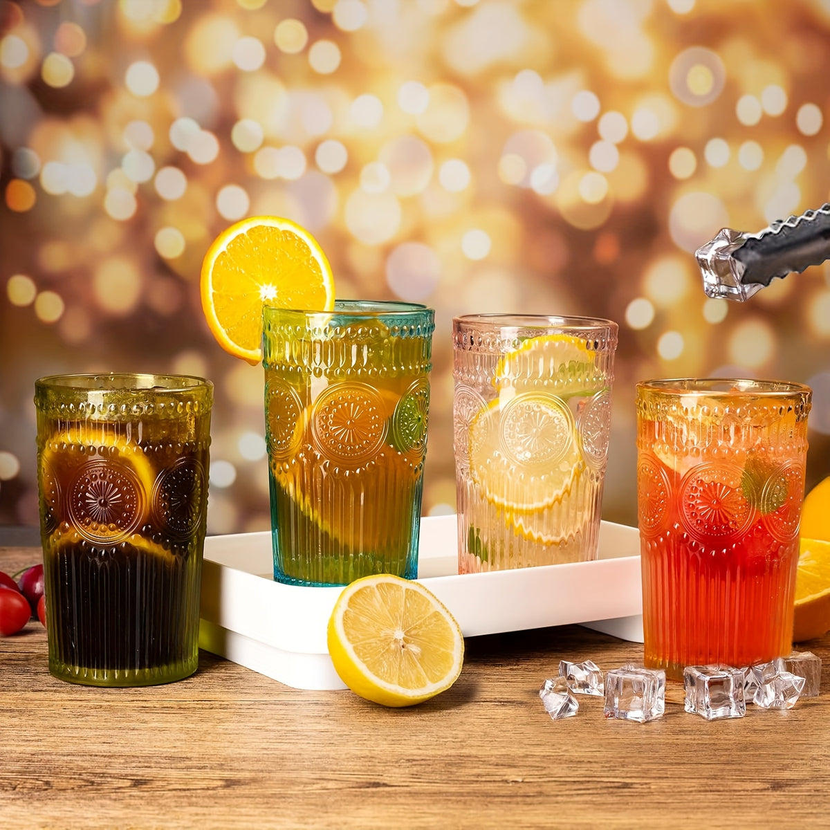 Retro Colored Whiskey Glasses Set of 6 – 14oz Embossed Colorful Tumblers for Whiskey, Cocktails, Juice, Water & Beer – Vintage Muted Glass Drinkware
