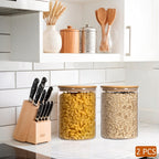 Glass Canisters for Kitchen Counter Set of 2 Large 101oz Airtight Lids, Wooden Lid Cookie Jars, Food Storage Containers for Sugar, Flour, Pasta, Coffee Beans & Candy