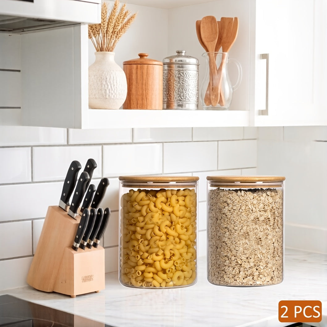 Glass Canisters for Kitchen Counter Set of 2 Large 101oz Airtight Lids, Wooden Lid Cookie Jars, Food Storage Containers for Sugar, Flour, Pasta, Coffee Beans & Candy