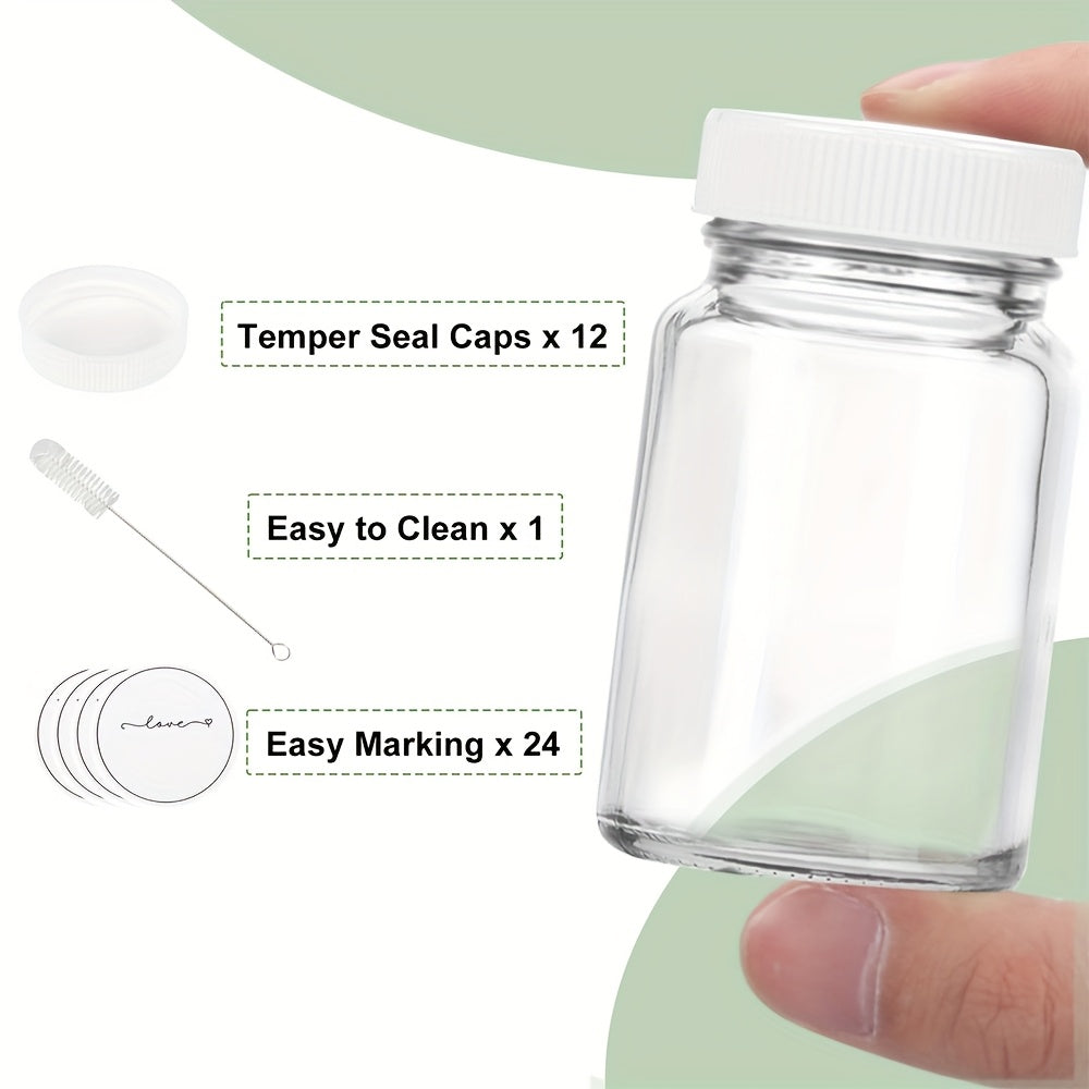 2oz Glass Shot Bottles with Caps 12/24 Pack – Mini Ginger Shot Juice Bottles with Lids, Waterproof Stickers & Brush, Potion Oil Party Mugs, 1.8x2.95 Inch