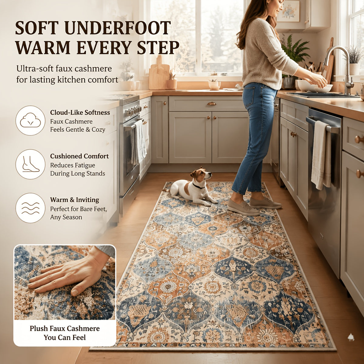 Non-Slip Washable Kitchen Rug – Vintage Hallway Runner with Rubber Backing | Cashmere-Like