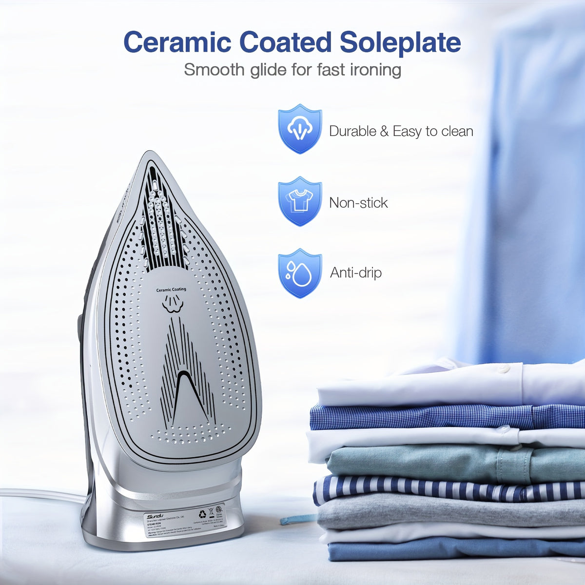 Ceramic Steam Iron 1700W Rapid Heating – Ceramic Coated Soleplate, Precise Thermostat Dial, Self-Cleaning, Auto-Off, 10.14oz Water Tank, Home Clothes Ironing, Grey