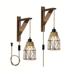 Plug-In Wall Sconces Farmhouse Rustic Metal Cage with Wooden Bracket – Hanging Lamps That Plug Into Wall Outlet for Bedroom, Living Room & Headboard – 1 or 2 Pack