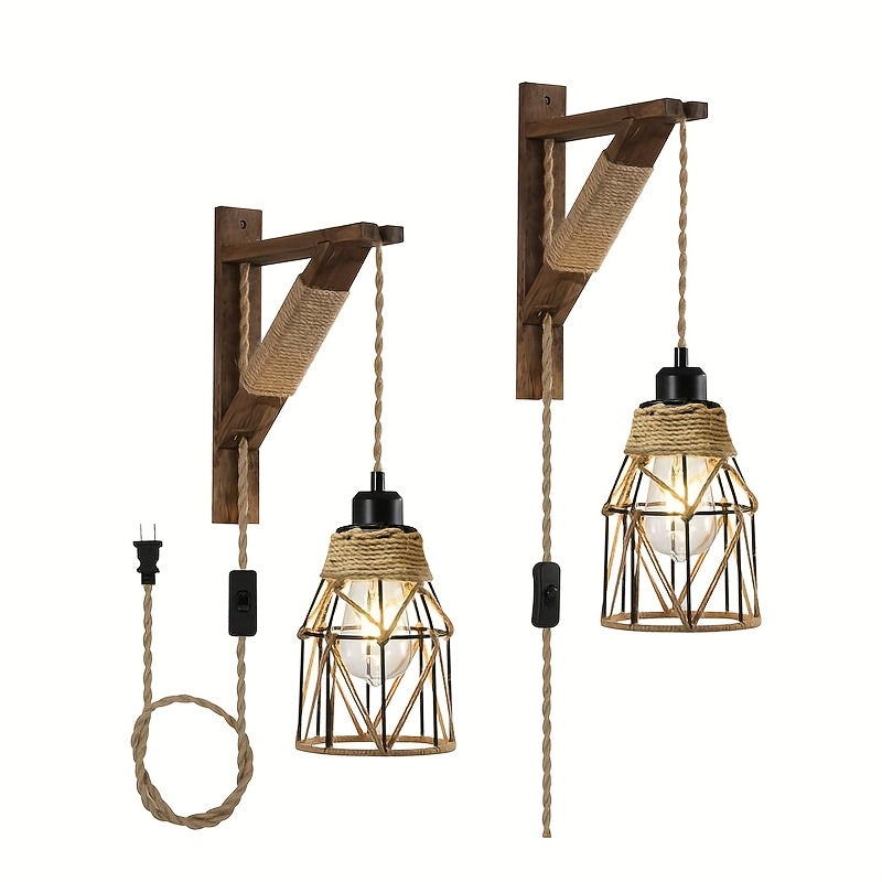 Plug-In Wall Sconces Farmhouse Rustic Metal Cage with Wooden Bracket – Hanging Lamps That Plug Into Wall Outlet for Bedroom, Living Room & Headboard – 1 or 2 Pack