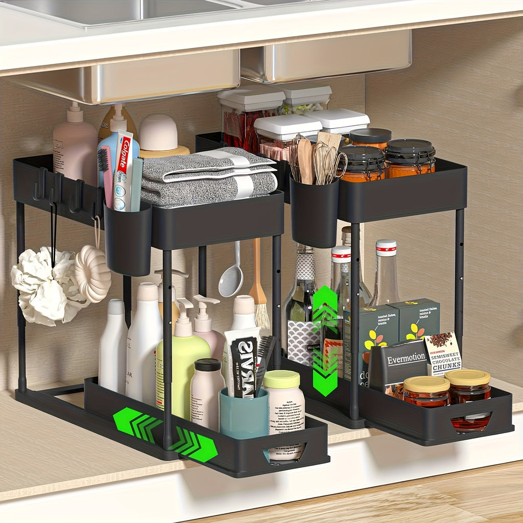 Under Sink Organizer 2-Tier Sliding Cabinet Basket with Hooks – Bathroom Kitchen Under Sink Storage Shelf Rack Organizer