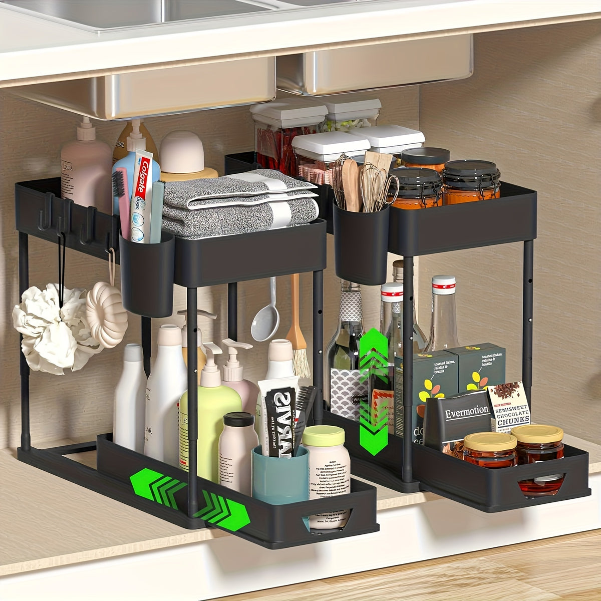 Under Sink Organizer 2-Tier Sliding Cabinet Basket with Hooks – Bathroom Kitchen Under Sink Storage Shelf Rack Organizer