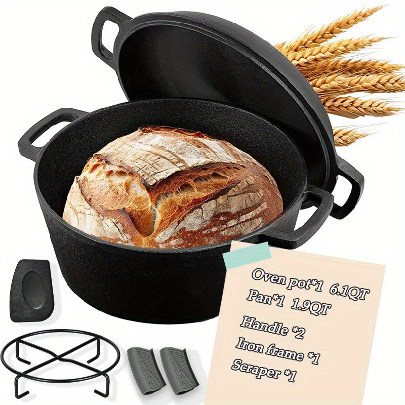 Cast Iron Dutch Oven Set 2-in-1 – 6.1QT Deep Pot & 1.9QT Frying Pan Lid, 6-Piece with Silicone Handles, Scraper & Iron Frame | Pre-Season Ready, Oven, Stove, BBQ & Induction Safe