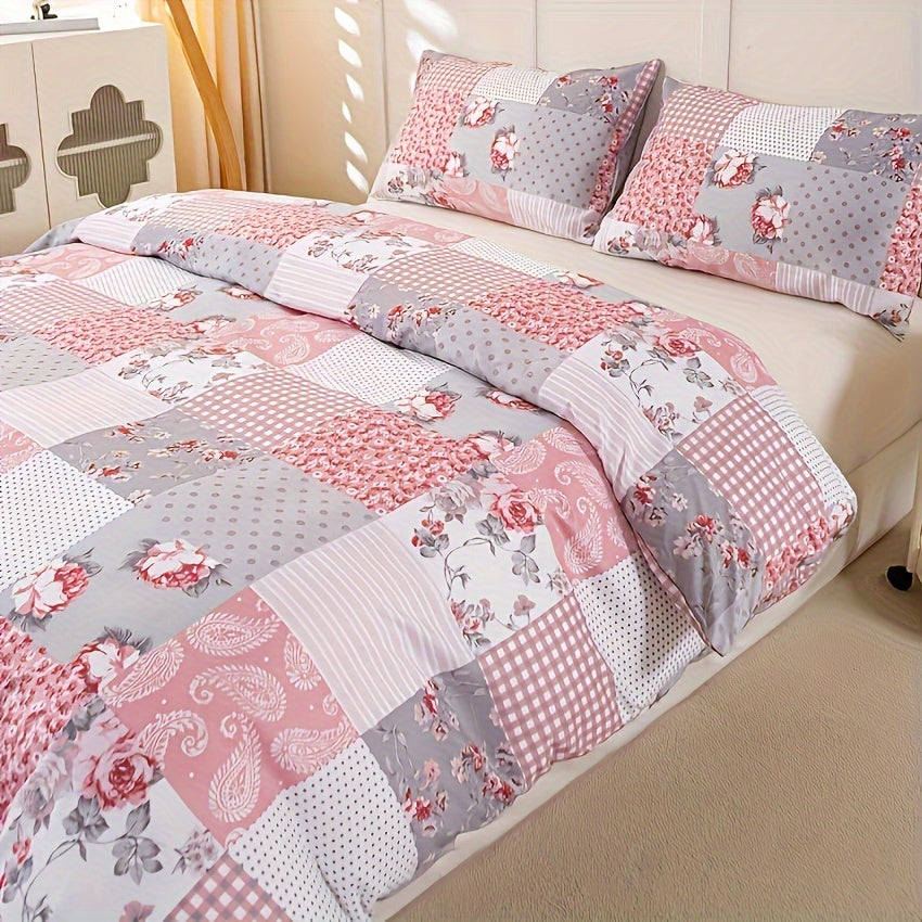 Floral Print Duvet Cover Set 3pcs – Soft Breathable Splicing Floral Light Pink, Zip Closure, Machine Washable, 1 Duvet Cover + 2 Pillowcases, Twin to King, All-Season Bedding