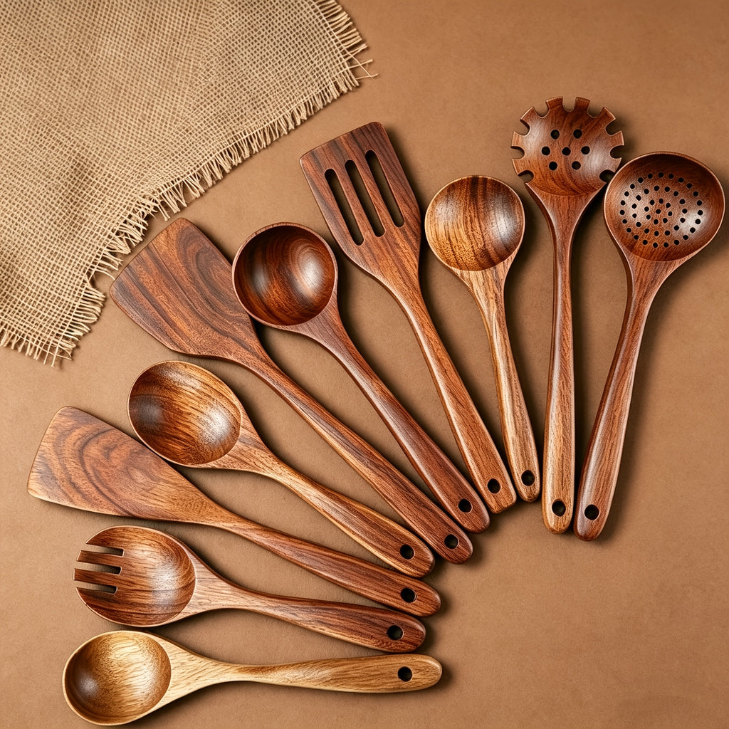 Wooden Kitchen Utensils Set 10 Piece - Non-Stick Safe Heat Resistant Cooking Tools with Spatula, Slotted Spoon & More, Stylish Wood Kitchen Gadgets for Cooking & Baking